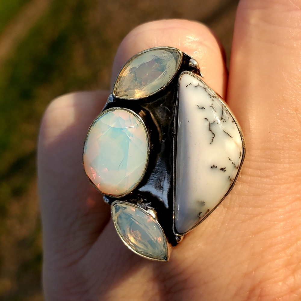 New Dendritic Opal & Milky Fire Opal 925 Silver Ring.